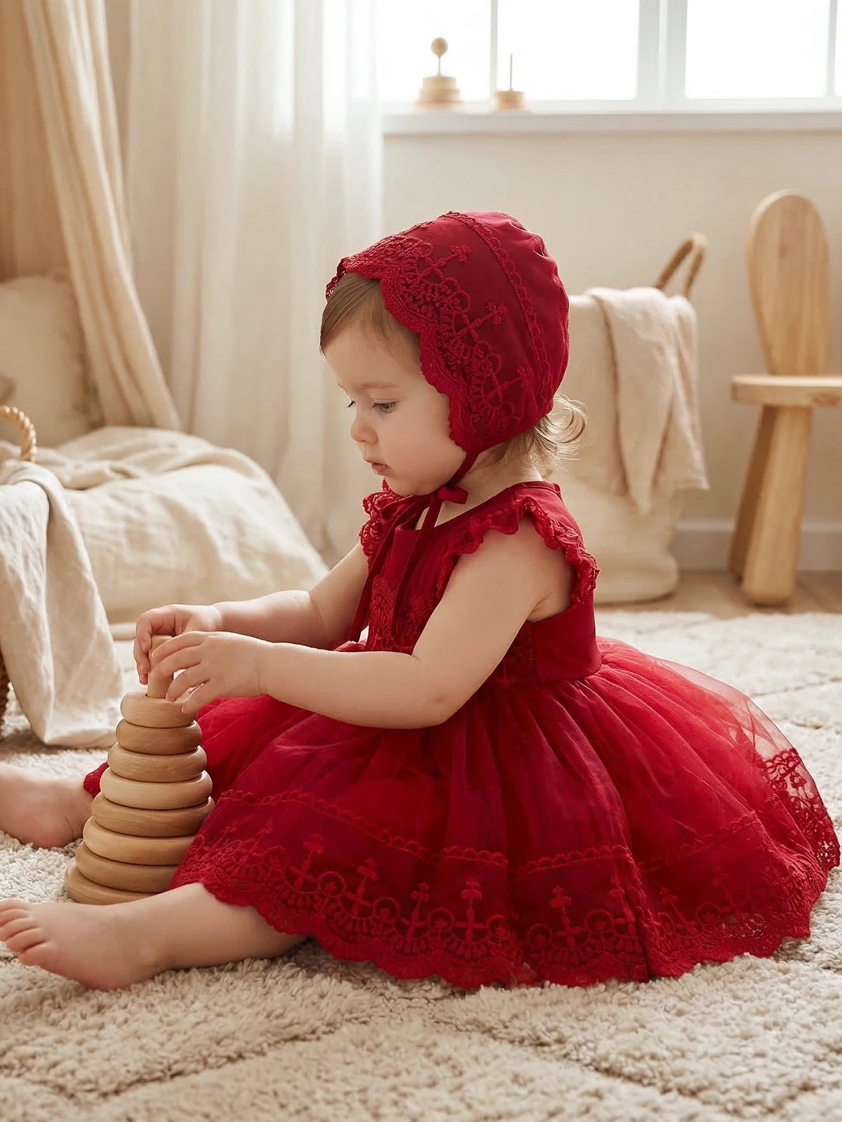 Baby Girl 0-2 Years Old Baby Wine Red Baptism Dress,Lace Net Skirt,Princess Dress,Wedding Flower Girl Dress,Birthday,With Hat