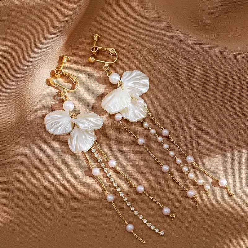 Korean Fashion Style Pearl Long Tassel Clip on Earrings for Women Simple Temperament Long Chain Non-piercing Ears Clip Earrings