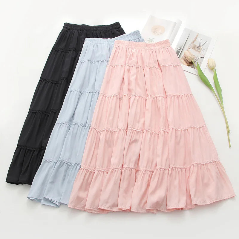 New 2026 Summer Women Cotton Skirt, Elastic Waist Ruffles Patchwork, Mori Girl Fashion Sweet OL Chic Loose Cake Skirt B63026CC