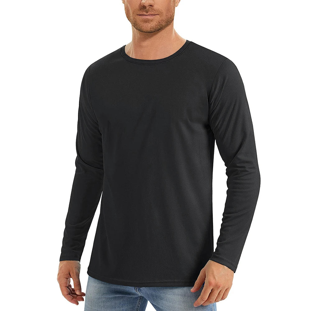 Upf50+ Men'S Sunscreen Uv Protection T-Shirt Solid Color Long-Sleeved Round Neck Outdoor Hiking Fishing Quick-Drying Tops
