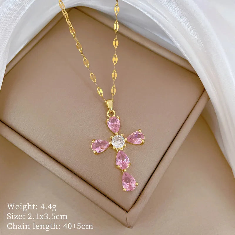 Full Zircon Cross Necklace For Women'S Gold Color Anti-Tarnish Titanium Steel Jewelry