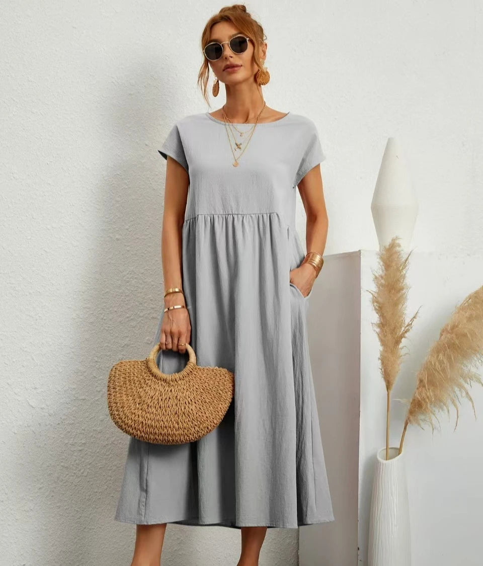 Premium Elegant Solid Cotton Linen Dress Summer Midi with Pockets Loose Fit Casual Crew Neck Short Sleeve for Beach Travel