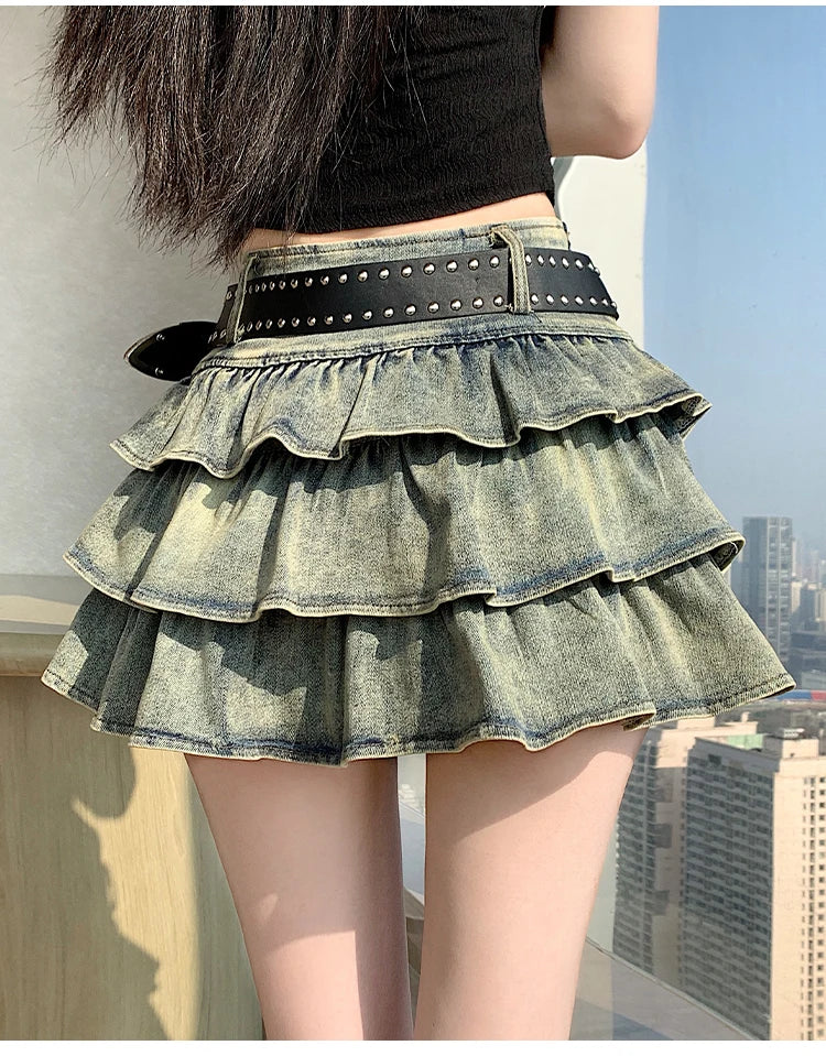 Seoulish American Style Hot Girl Denim Skirt 2026 New Summer Stretch Cake Layer Pleated Skirt High Waist Jeans Mini Skirts Women