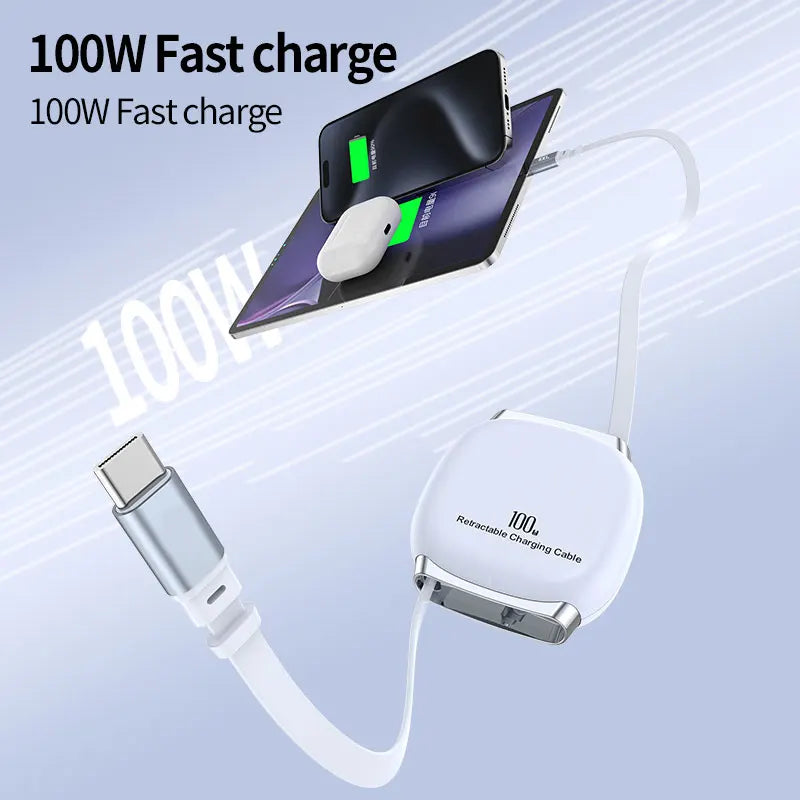 PD 100W Retractable USB-C Fast Charging Cable – iPhone & Android Compatible