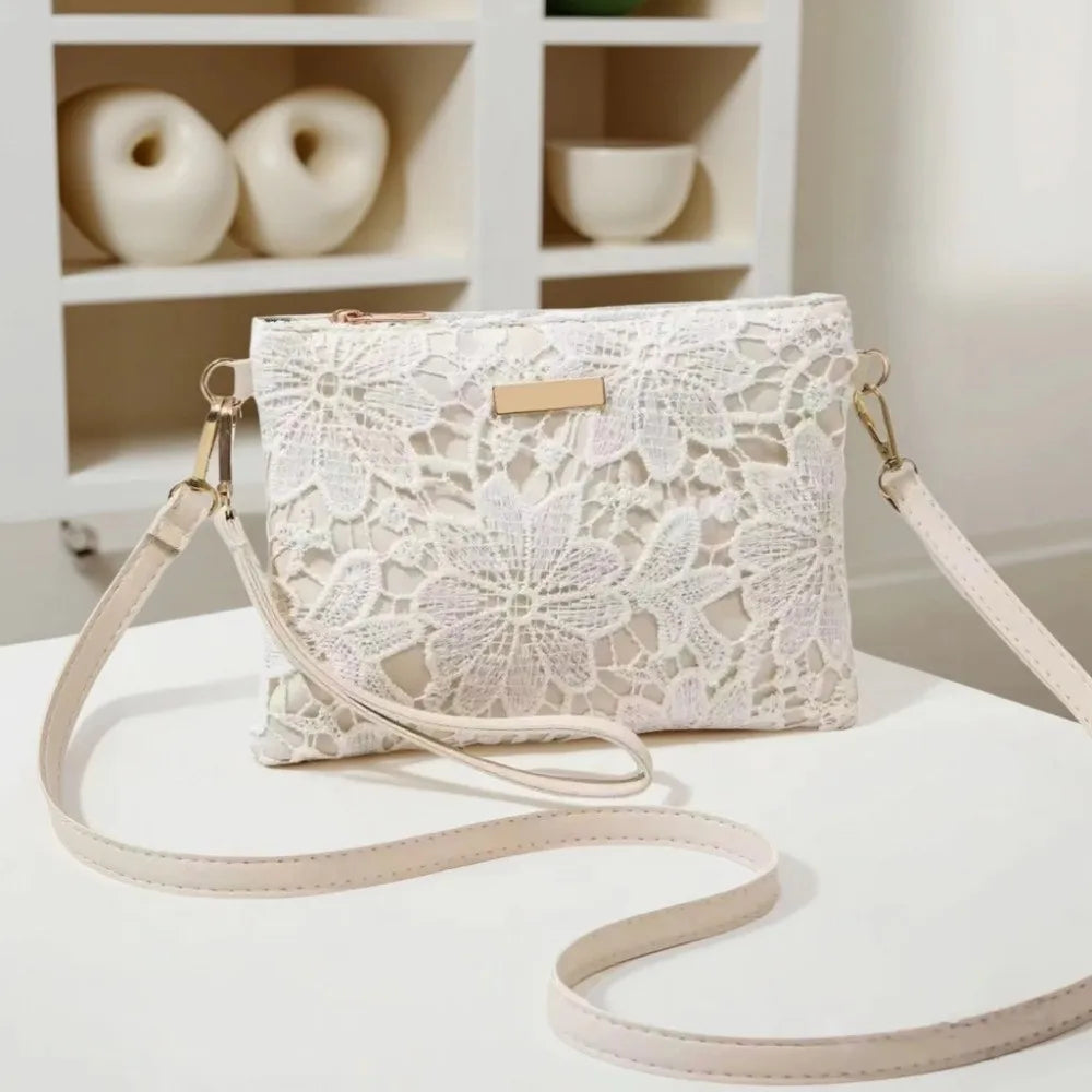 Casual Lace Shoulder Bag Floral Printed Hollow Crossbody Bag Soft Small Square Bag Tote Purse Handbag