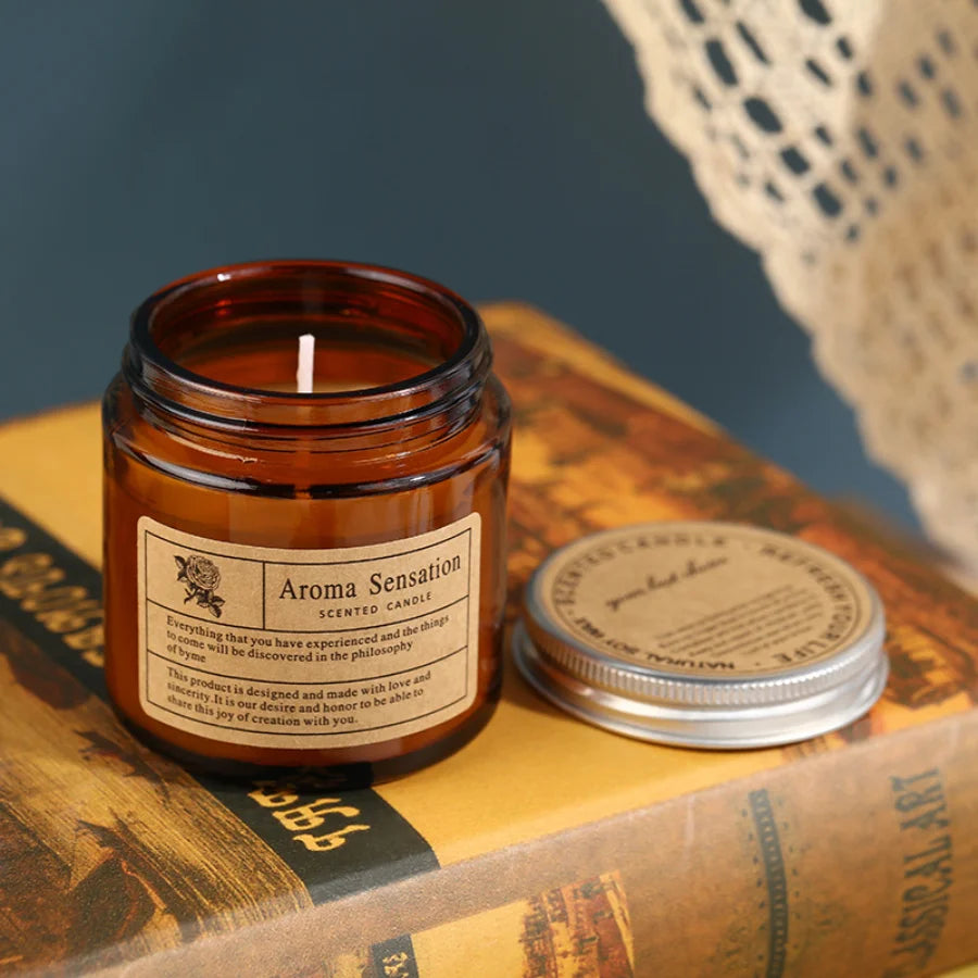 Handmade Brown Glass Aromatherapy Soy Candle – Smokeless Scented Candle for Home Decor & Gifting