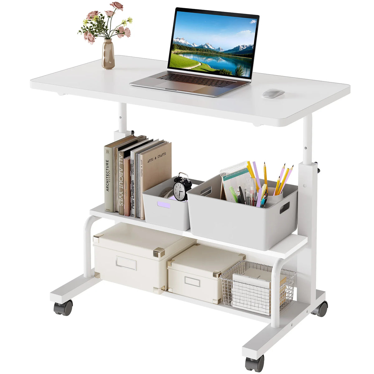 MCQ 31.5 Inch Mobile Rolling Lifting Computer Desk With Storage Shelves Ergonomic Standing Height Adjustable Computer Desk on Wheels Gaming Table for Home Office Use Workstation