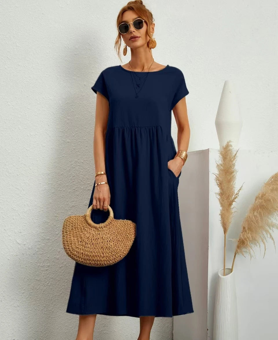 Premium Elegant Solid Cotton Linen Dress Summer Midi with Pockets Loose Fit Casual Crew Neck Short Sleeve for Beach Travel
