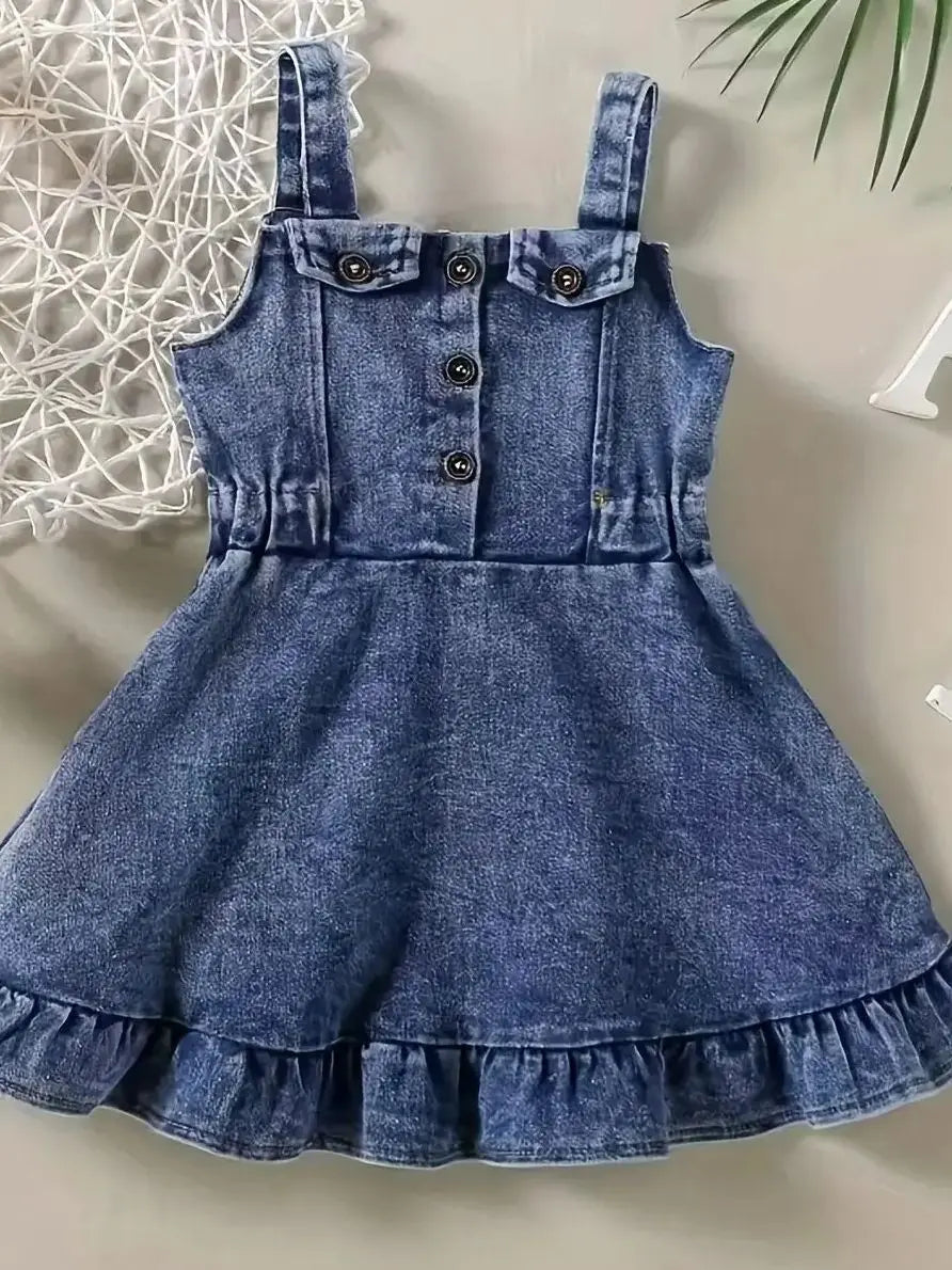Baby Girls Denim Backless Romper Dress With Open Back And Square Collar Soft Cotton Blend