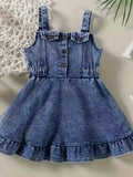 Baby Girls Denim Backless Romper Dress With Open Back And Square Collar Soft Cotton Blend