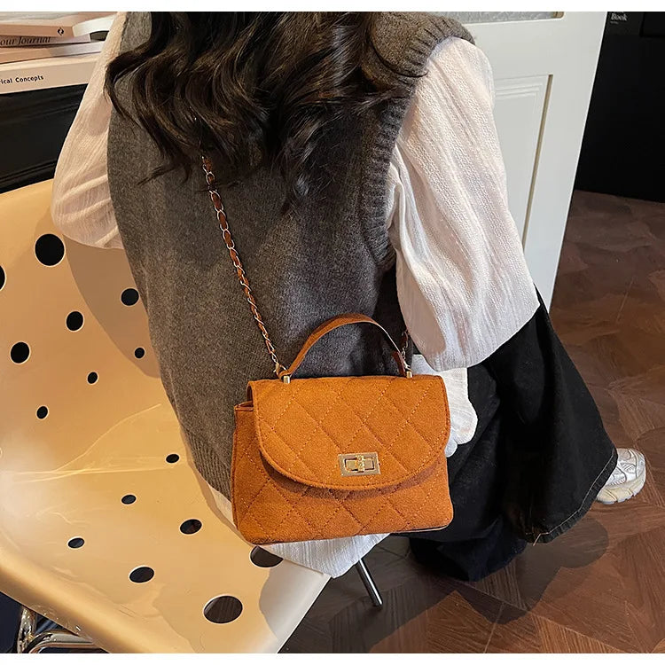 Diamond Grid Chain Crossbody Bag One Shoulder Purse Trendy Flip Top Clutch Women's Fashion Suede Leather Casual Shoulder Bag