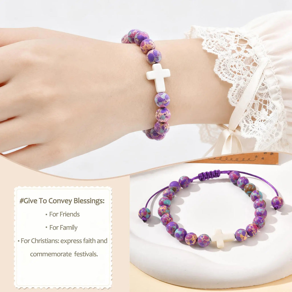 Cross Bracelet For Women'S Adjustable Christian Baptism Religious Natural Stone Beads Bracelet Jewelry For Daily Wear Easter