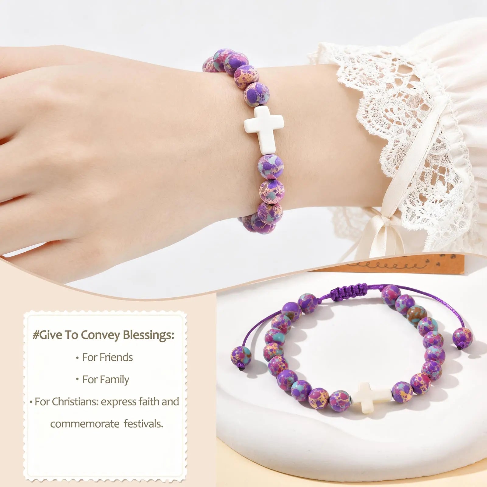 Cross Bracelet For Women'S Adjustable Christian Baptism Religious Natural Stone Beads Bracelet Jewelry For Daily Wear Easter