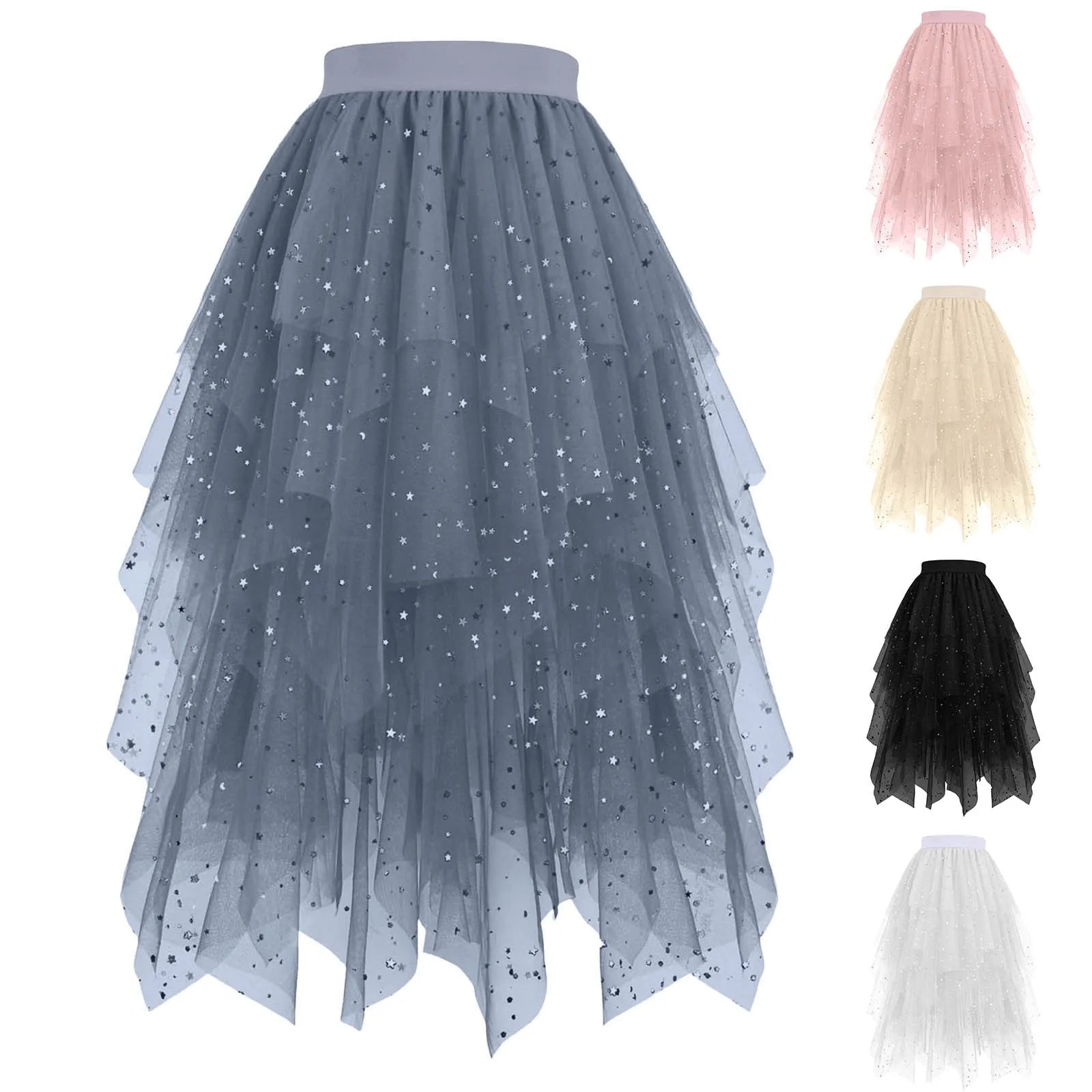Women Puffy Tulle Skirt Elegant Candy Color Star Glitter High Waist Large Swing Tutu Skirt Fairy Irregular Layered Dance Skirt