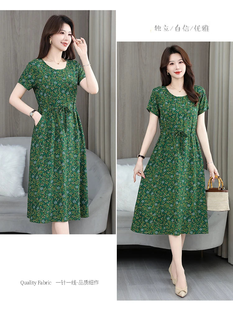 New Elegant Floral Dress  Bohemian plus Size Women Summer Short Sleeve Clothing with Large Hem for Casual Occasions
