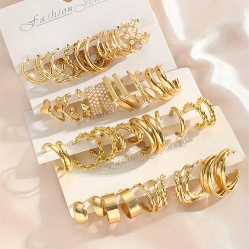 C Shaped Teardrop Earrings Set Gold Tone For Women Elegant Daily Wear Jewelry Gift Ready
