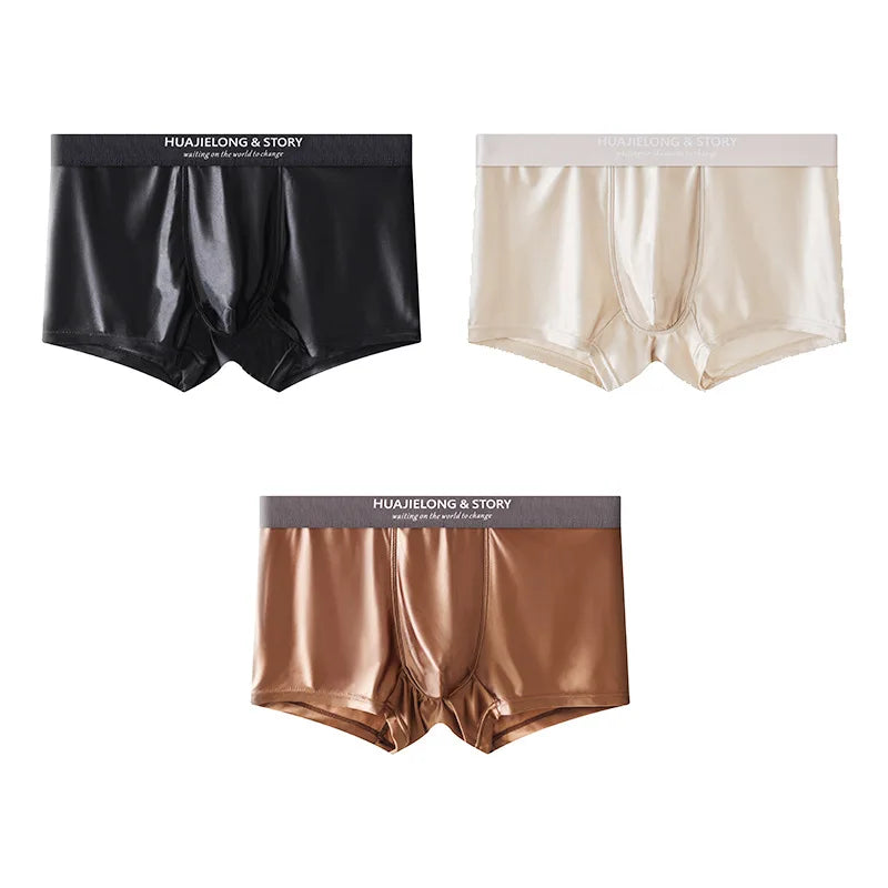 1/3Pcs Breathable Thin Satin Silk Boxer Briefs Seamless Mid Waist Ice Silk Boxers Underpants Smooth Underwear For Men Daily