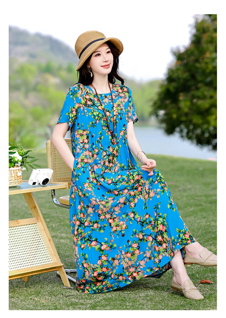 New Print plus size 2026 New Fashion Floral Printed Summer Dress Vestidos Elegant Short Sleeve Slim O-Neck Party Women clothing
