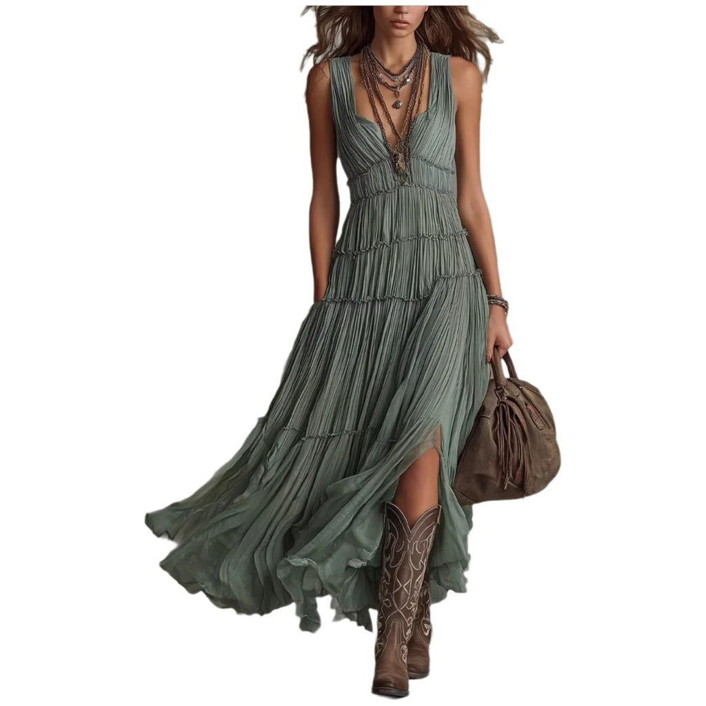 Elegant Summer Dress round Neck Sleeveless Loose Drapey Midi A-Line Skirt Elegant Dress Pleated Skirt Polyester Fabric