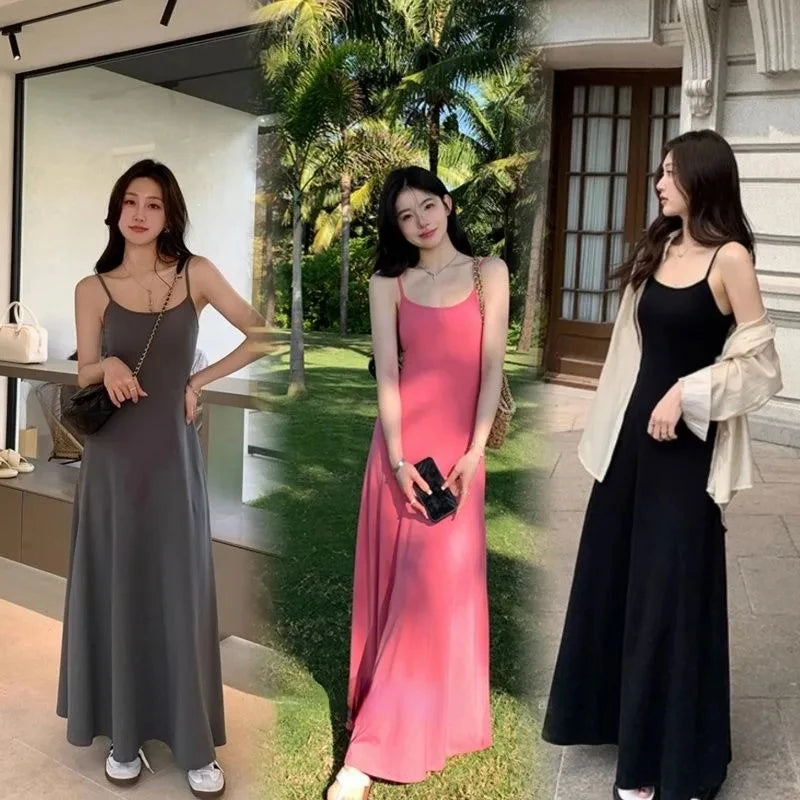 New Summer Sexy Celebrity Style Solid Color Dress for Women with Suspender Long Dress Slim Fit Temperament Vacation Casual Dress