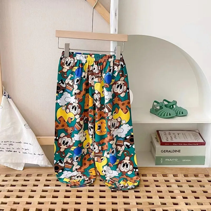 Children's Unisex Ice Silk Casual Pants - Cartoon Print Summer Home