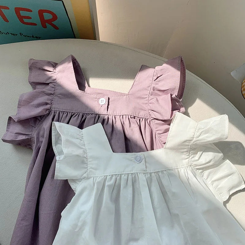 MILANCEL Girls Dresses 2024 Summer Little Fresh Kid's Flare Sleeve A-line Dress Simple Square Collar T-shirt Dress 2-7 Y