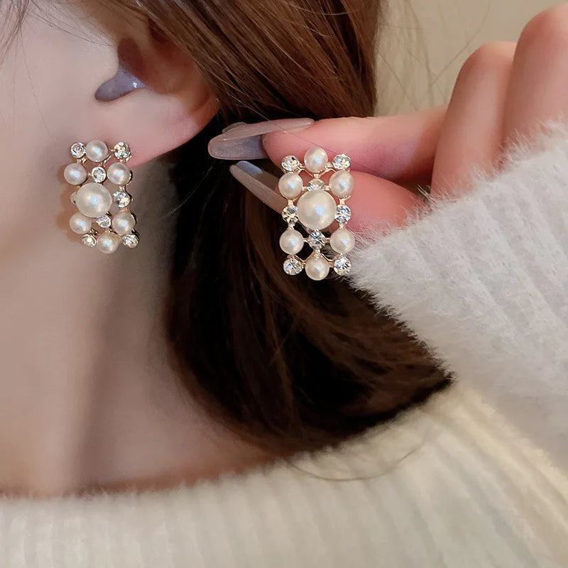 3 Pcs Rhinestone Pearl Rectangular Earrings Necklace Set Two-Piece Vintage Choker Accessory Light Luxury Jewelry Sets Wedding