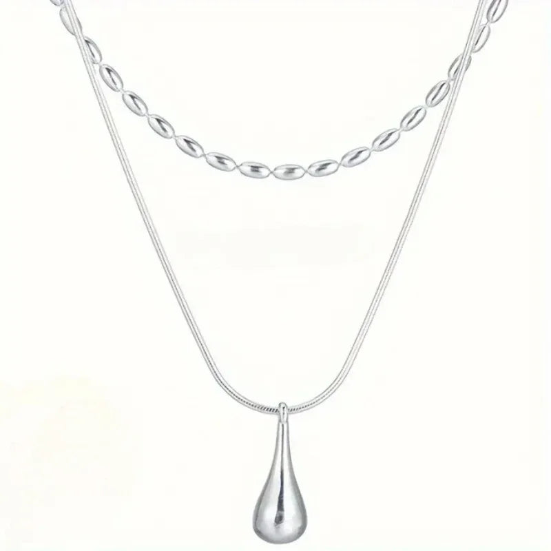Water Drop Pendant Necklace for Women Double Collar Chain Fashion Fine Jewelry Gifts Long Layered Necklace Jewelry Accessories
