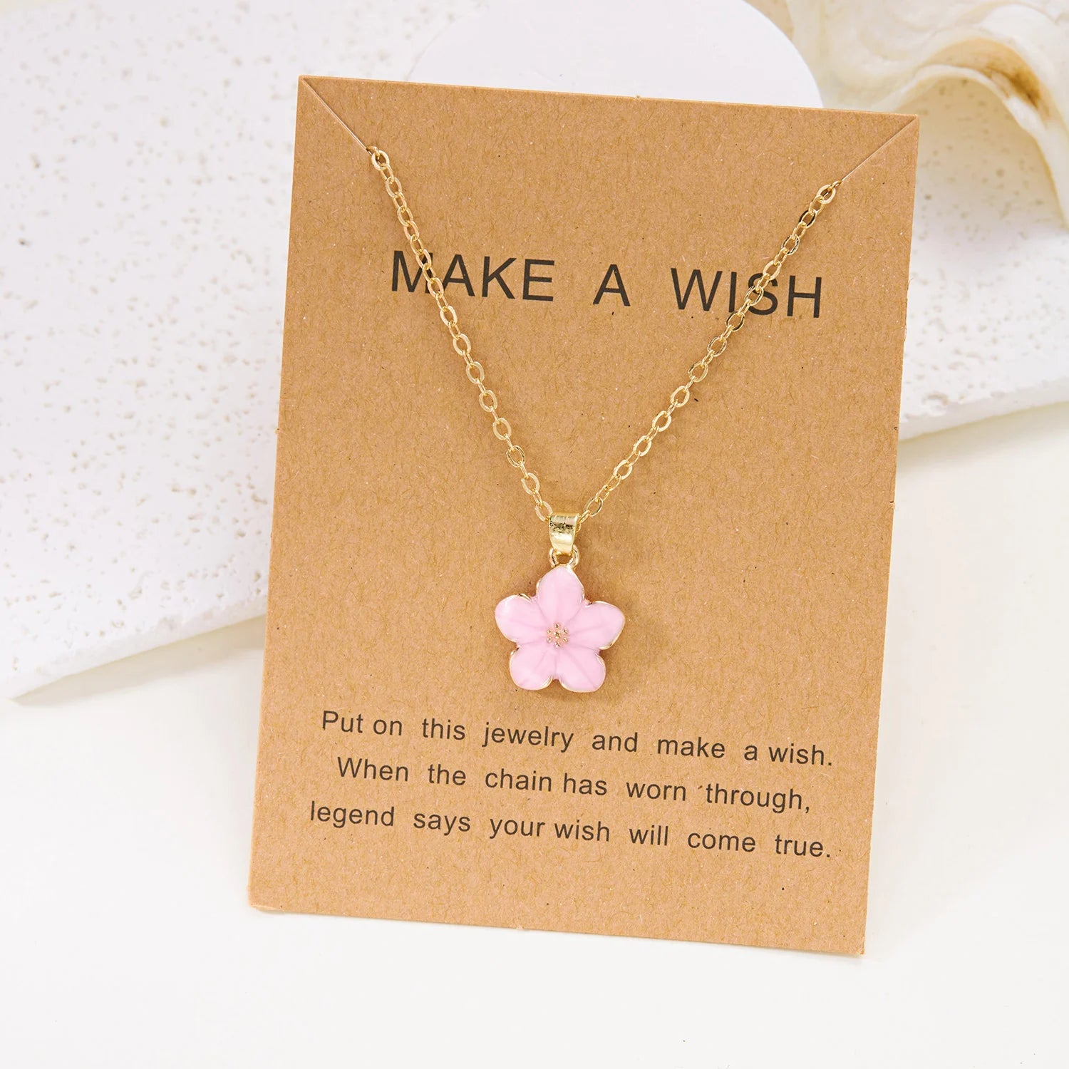 Minimalist Colorful Flower Necklace For Women'S Romantic Pink Cherry Pendant Necklace Make A Wish Paper Card Friendship Jewelry