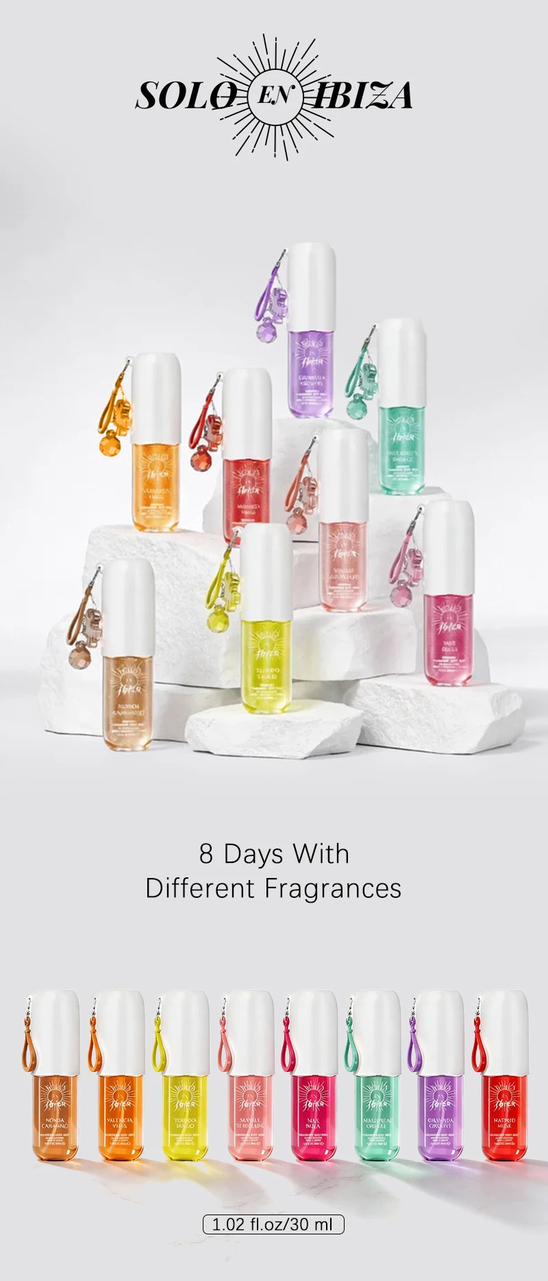 SOLO EN IBIZA 8-Piece Body Mist Set, 8 Scents, Long-Lasting Travel Perfume,Suitable for daily usee,Perfect Valentine's Gift