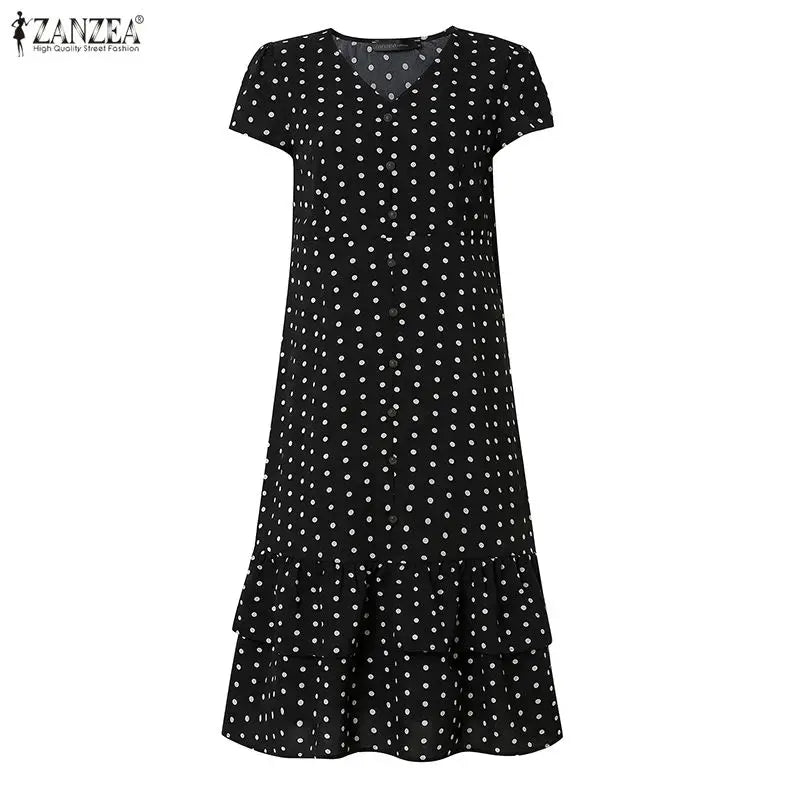 ZANZEA Summer Polka Dots Printed Women Dress Elegant Casual Holiday Beach Ruffled Sundress V Neck Short Sleeve Work Midi Dresses