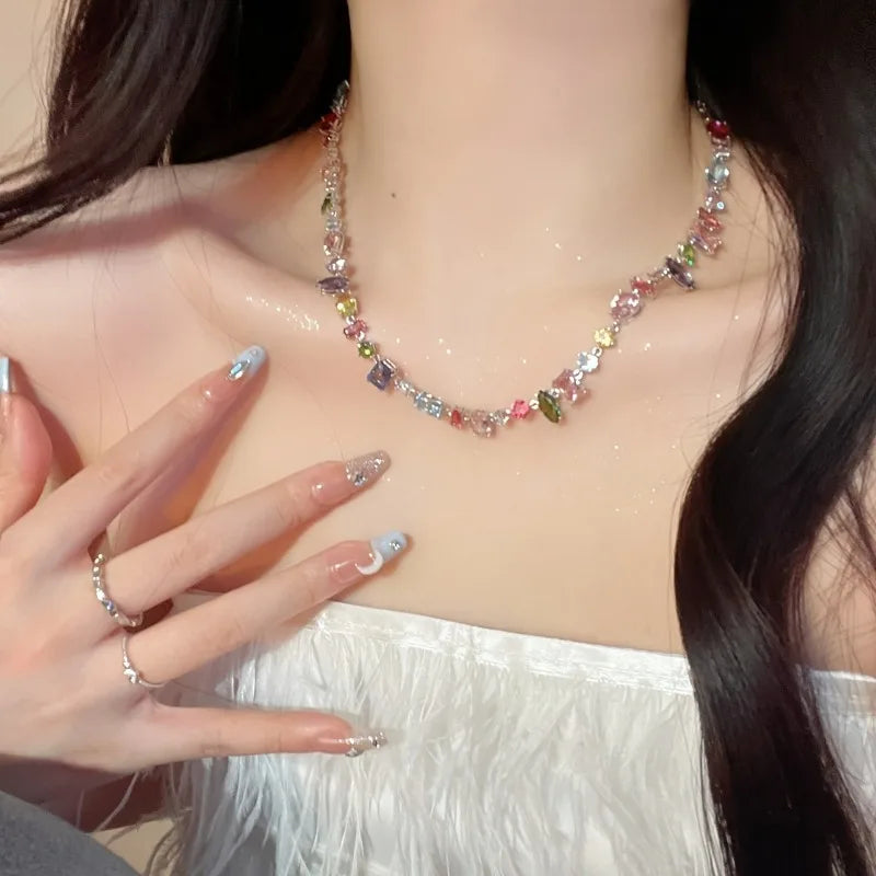 Luxury Colorful Cubic Zirconia Crystal Necklace for Women Bead Chain Elegant Clavicle Chain Wedding Party Jewelry Choker Gifts