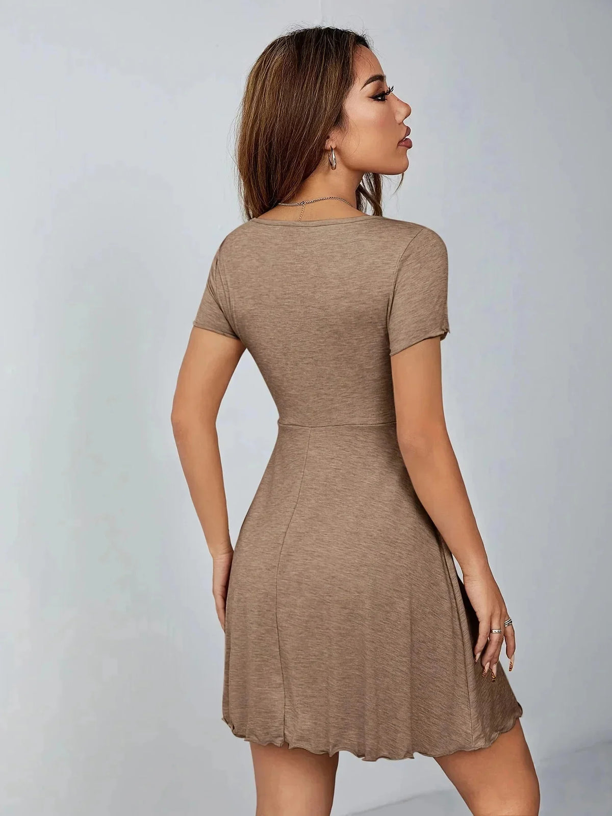 Women Summer V Neck Bow Tie Mini Dress Slim Fit Ruched High Waist Khaki Short Sleeve Bodycon Party Club Sundress Female Clothing