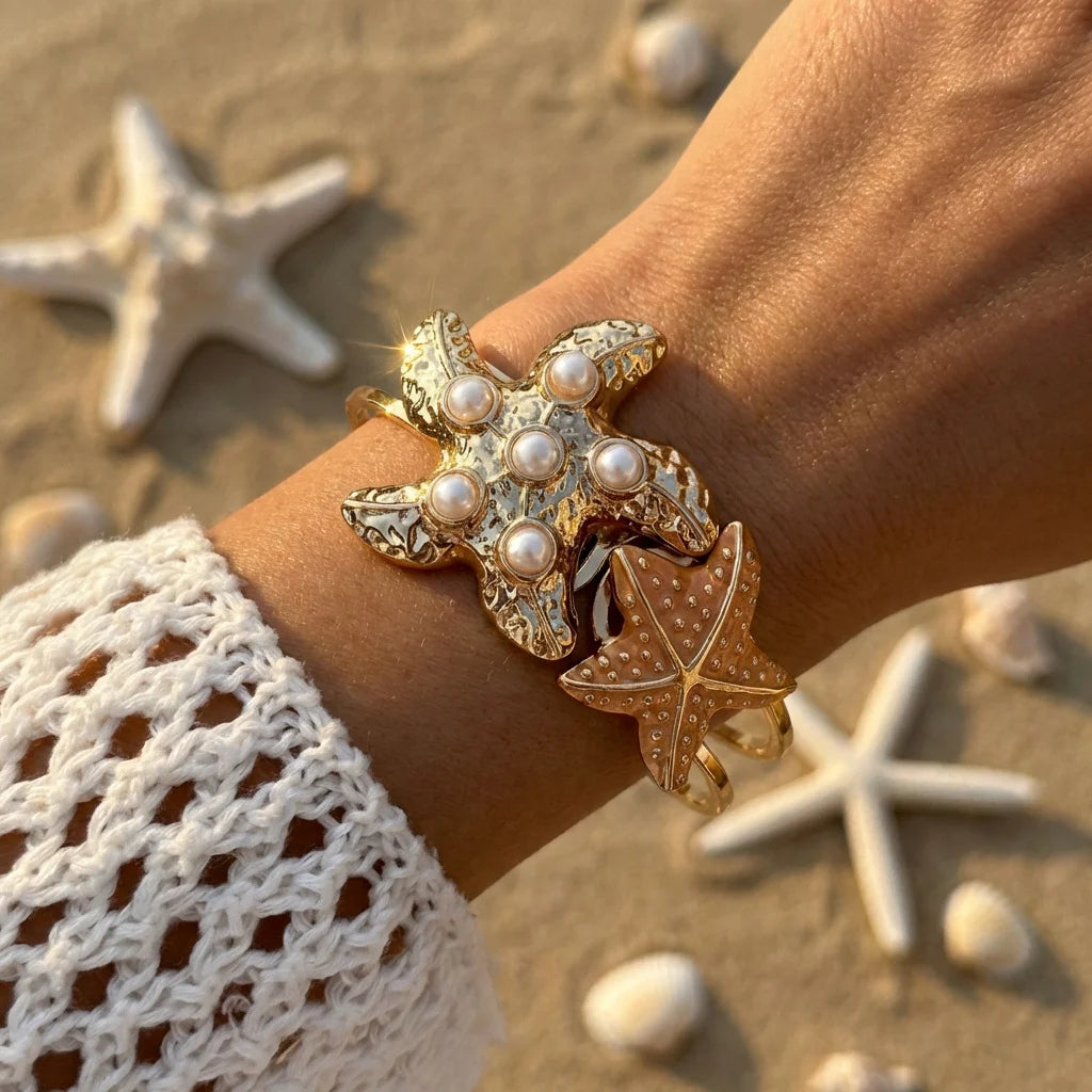 Enamel Flower Open Cuff Bracelet For Women Elegant Gold Plated Floral Beach Jewelry