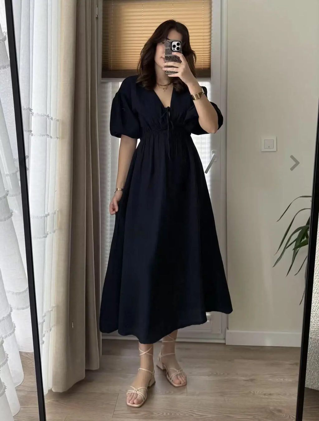 Dress Women Dresses A Line Puff Sleeve Vestidos V Neck Elastic Waist Elegant Mid Length Solid Y2k Streetwear Work Lace Up Summer