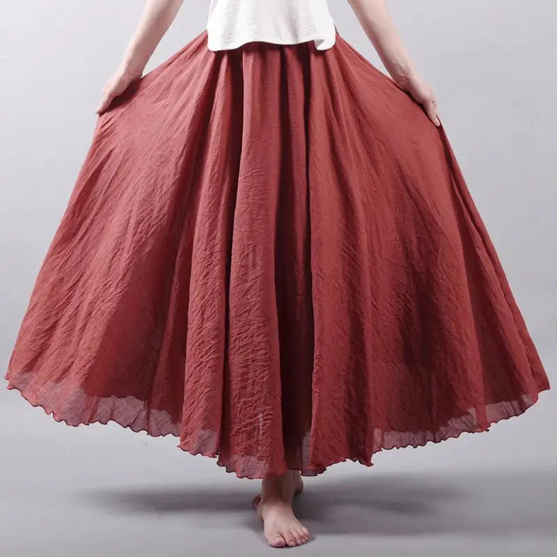 Women's Elegant High Waist Linen Maxi Skirt 2026 Summer Ladies Casual Elastic Waist 2 Layers Skirts Saia Feminina 20 Colors SK53