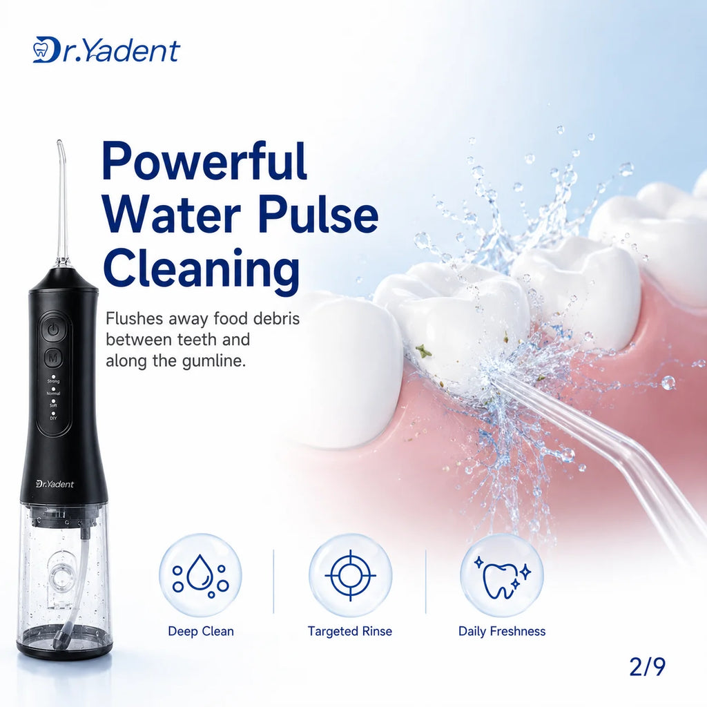Dr.Yadent YD06 Irrigador Bucal Inalámbrico con Hilo Dental de Agua 300ML Chorro de Agua Portátil Carga Rápida USB-C 7 Boquillas 4 Modos IPX7 Impermeable