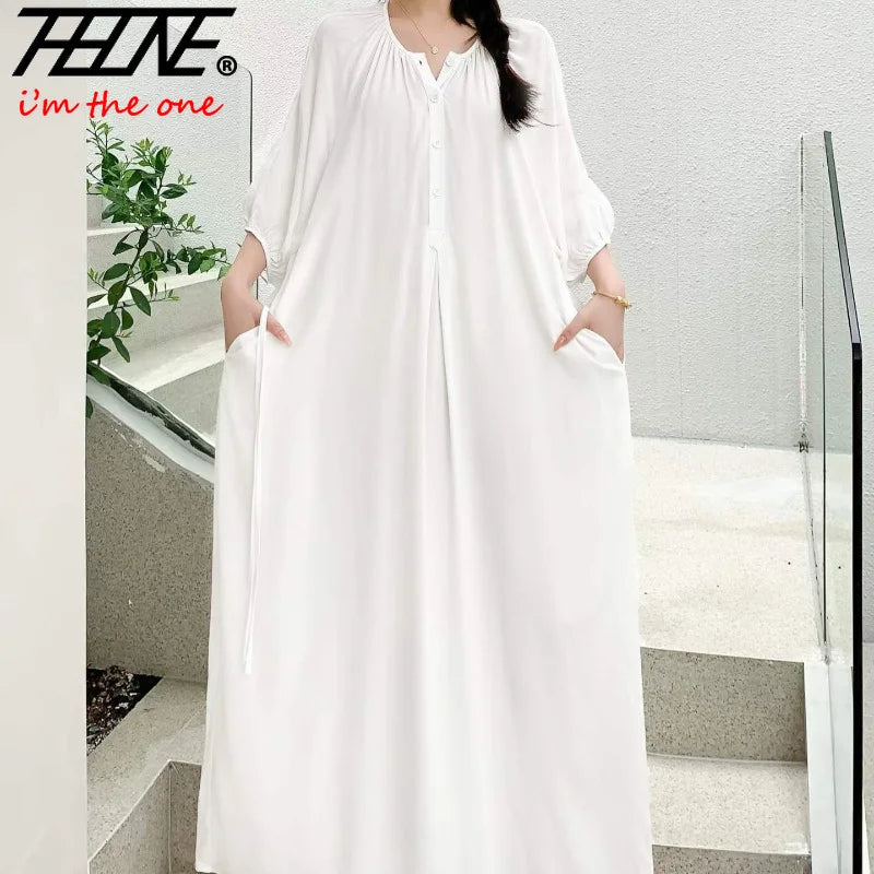 THHONE Summer Plus Size Dress Robe Solid Long Casual Loose Vintage Vestidos Para Mujer Oversized Dresses Half Sleeve Belt Pocket