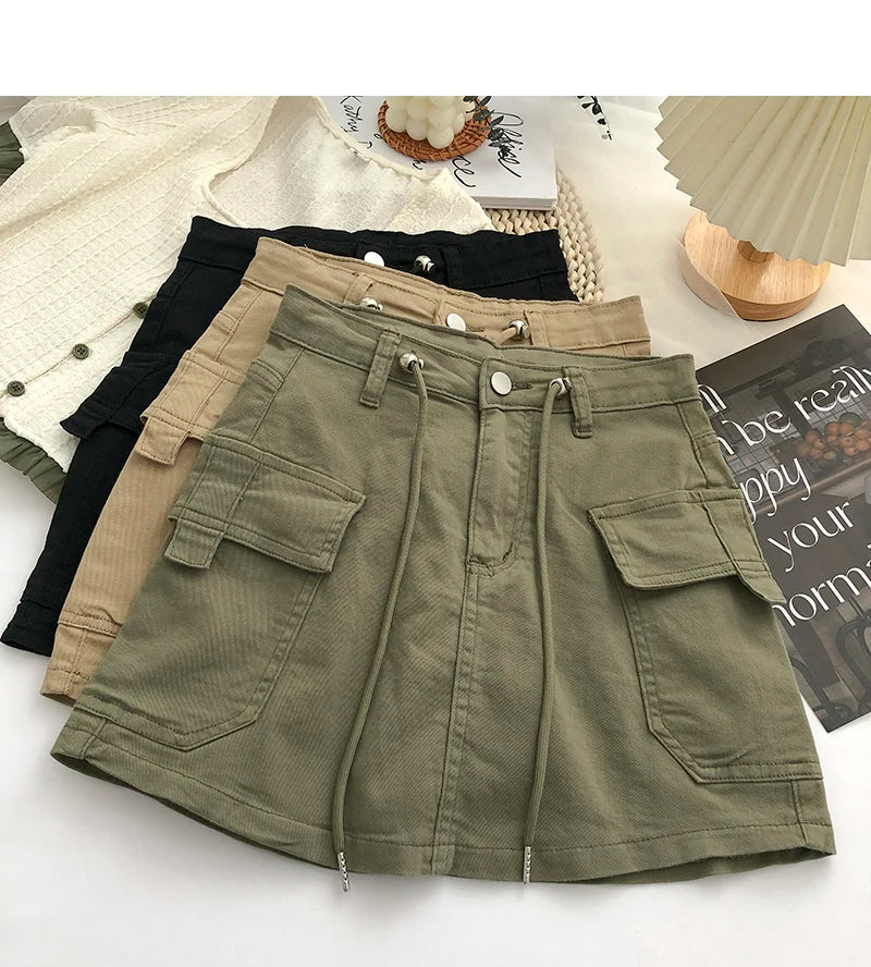 Retro High Waist Denim  Skirt Women's Spring Summer Autumn Casual Drawstring Anti-Light Short Skirt Polyester Fiber