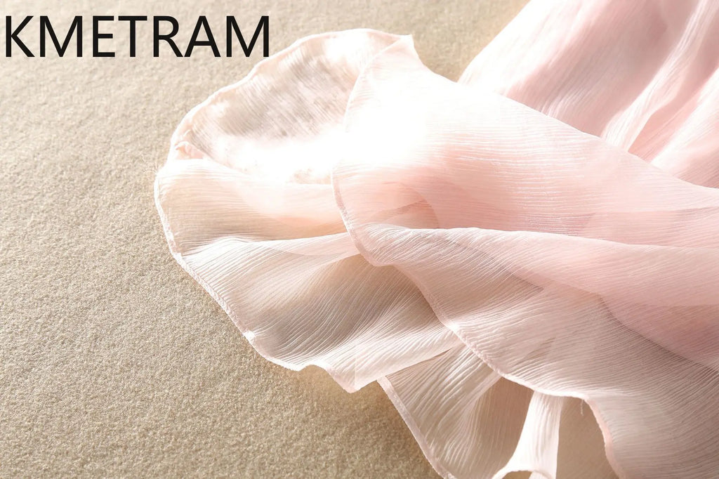 KMETRAM 100% Natural Mulberry Silk Dresses 2025 Woman Summer Elegant V-neck Long Dress Party Frocks Women Clothing Vestidos
