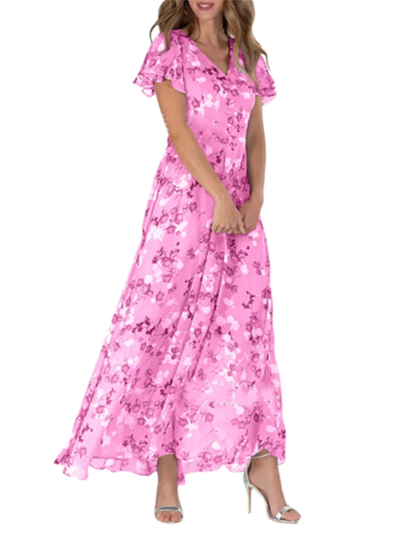 Female New Casual Gown Women Elegant Ruffle Short Sleeve V Neck Pullover Dresses Sweet Style Small Flower Print High Waist Dress