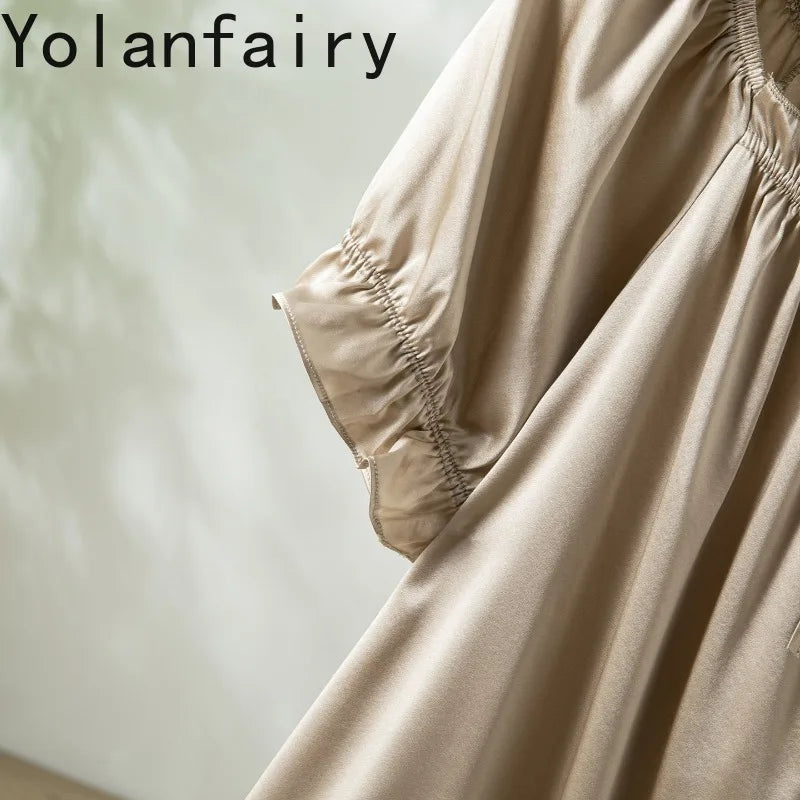 YOLANFAIRY 93% Real Mulberry Silk Pajamas for Woman 2026 Spring Summer High-end Sets Woman 2 Piece Short Sleeve Pijamas De Mujer