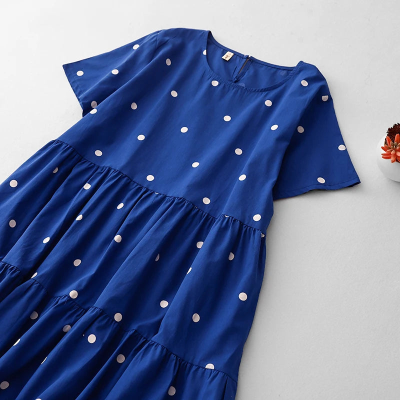 High-End Blue Pure Cotton Floral Print Dress Women's Summer 2025 round Neck Long Dress Polka Dot Skirt Comfortable A-Line