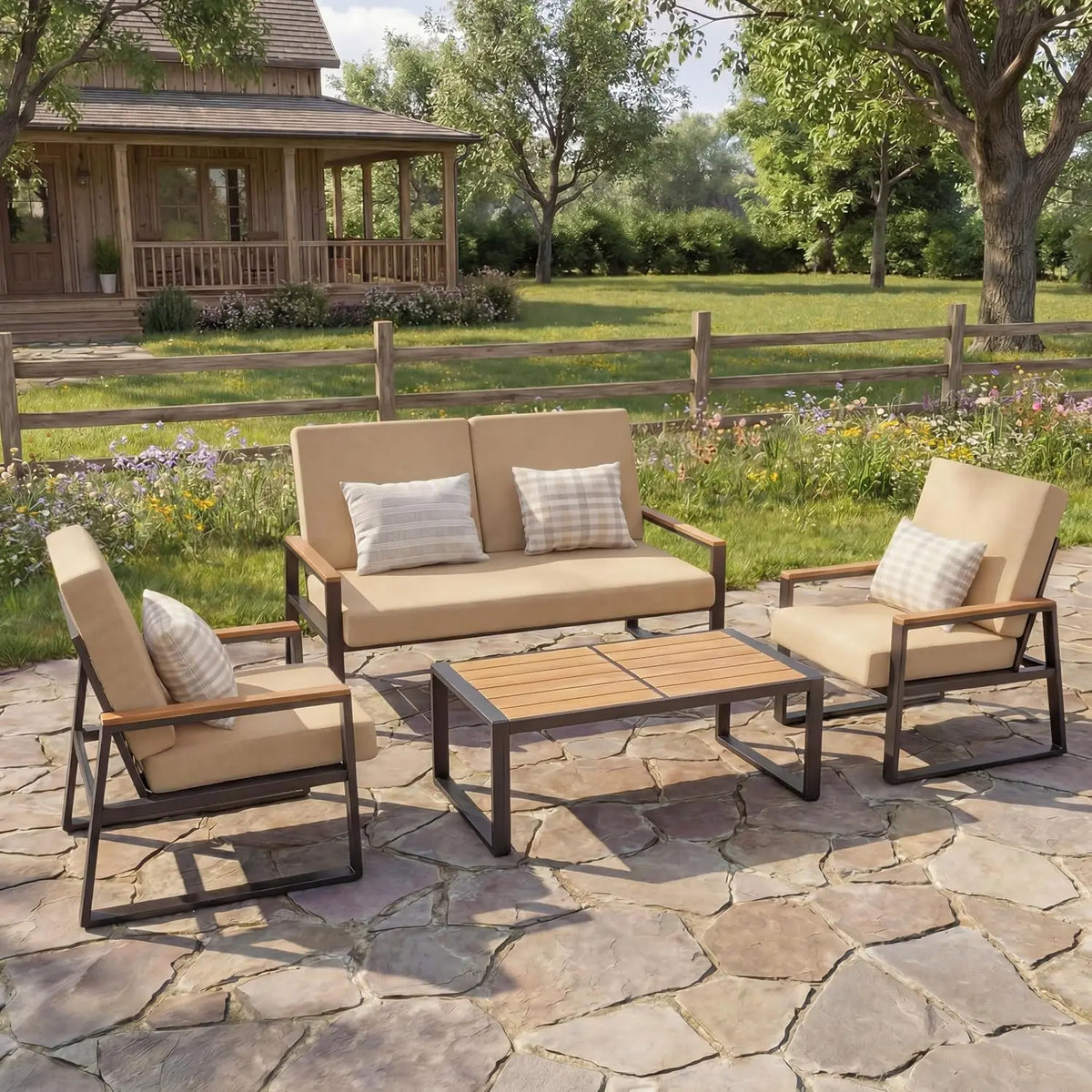 Metal Patio Set 4-Piece Outdoor Conversation WPC Table Washable Cushions Weather-Resistant Seating Yard Poolside, Customized