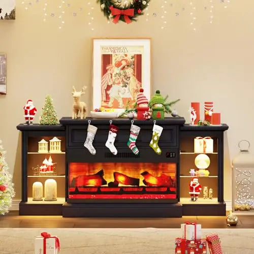 60" Farmhouse Fireplace TV Stand with 28" Electric Fireplace | 3-Sided TV Cabinet with Mantel, for TVs up to 65 Inch