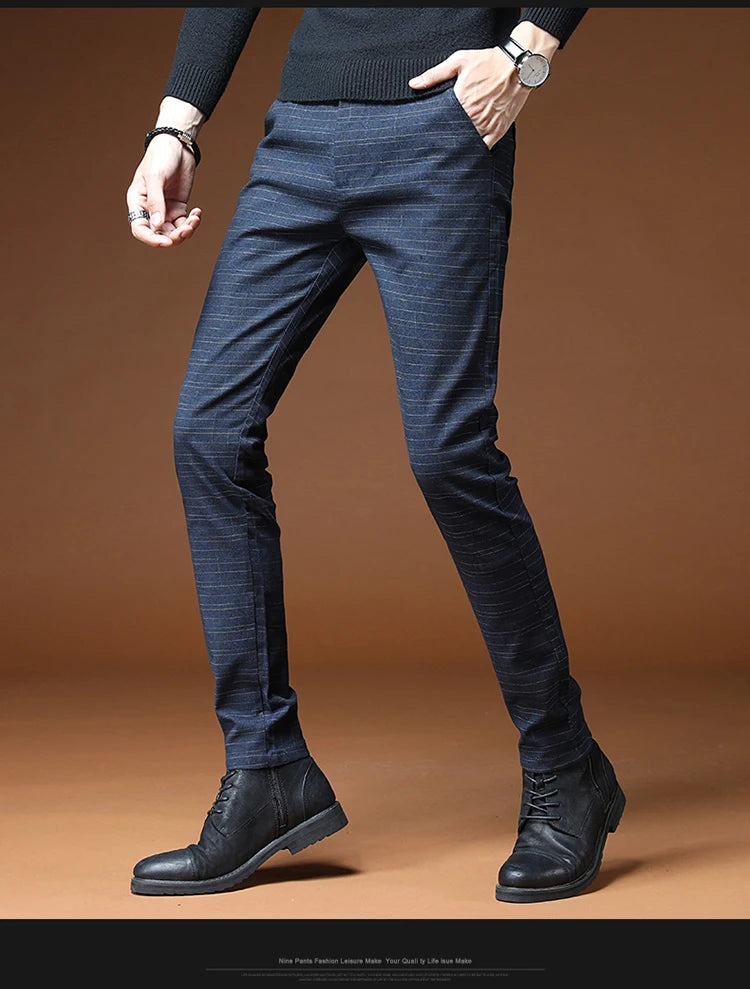 Classic Style Men's Casual Pants Fashion Striped Plaid Business Straight Slim Casual Pants Black Blue Gray Brand Men Trousers