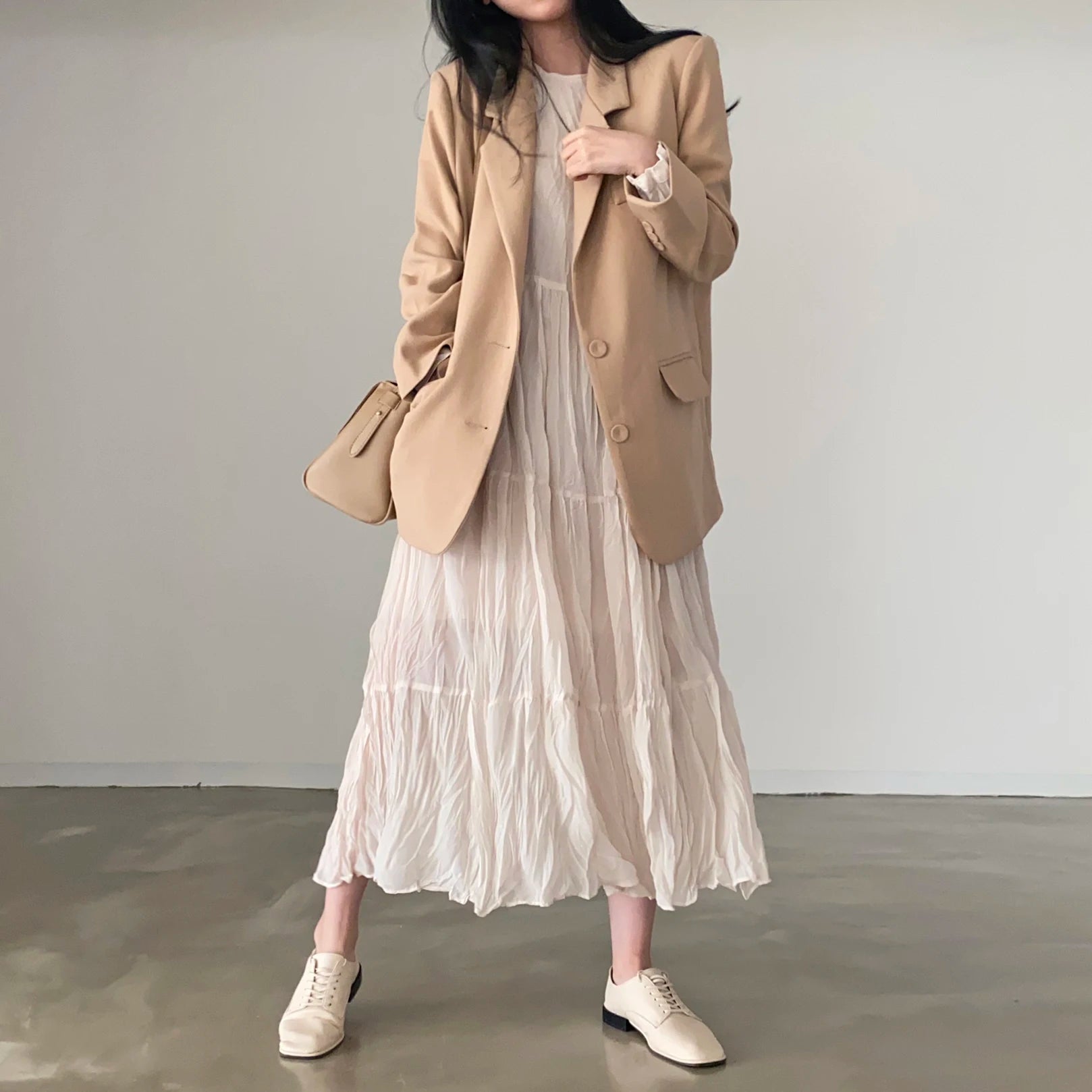 Autumn Spring Wrinkle Loose Dresses New Hot Women Cute Japan Style Retro Vintage Girls Holiday Casual Solid Apricot White Dress