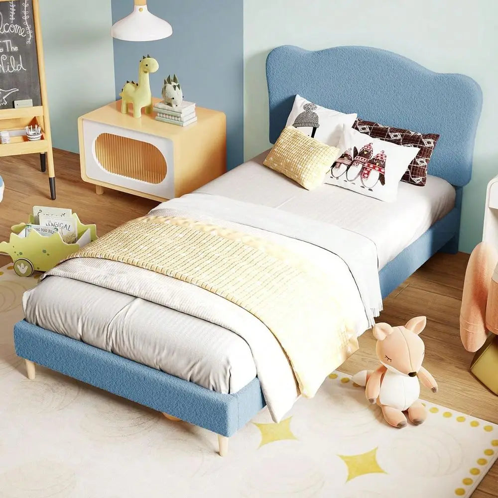 Twin Size Bed Frame For Kids With Scallop Headboard, Cute Velvet Twin Bed For Girls, Boys, Sturdy Platform Bed, No Box Spring N