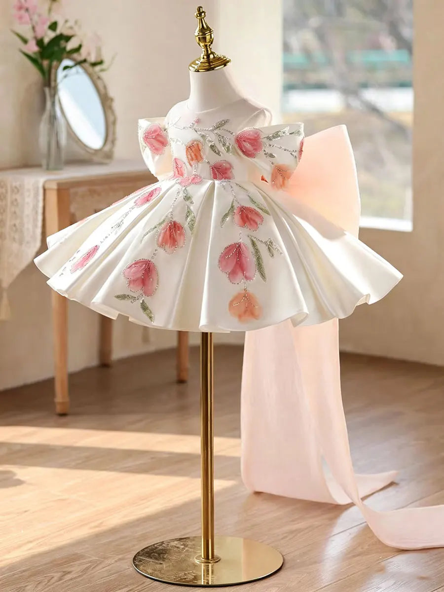 Dreamy Vow D267 White Girls Dress Pink Tulip Embroidery Off Shoulder Large Bowknot Satin Flower Girl Dress Kids Wedding Party