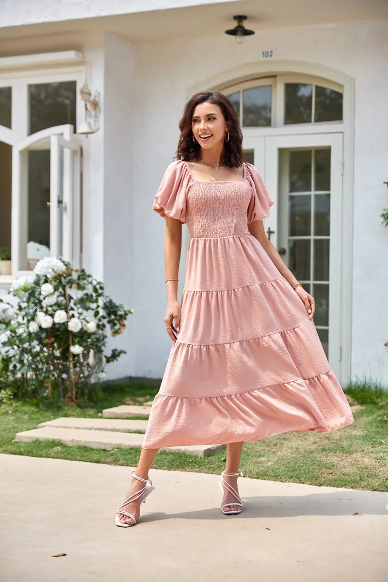 2026 Spring Summer Elegant Women's Long Dress Fashionable Solid Color Square Neck Puff Sleeve Pleated Slim Fit Loose Hem Dress